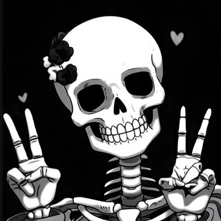 a skeleton holding two fingers up in the air with hearts on it's forehead Cute Aesthetic Halloween Skeleton Skeleton Background, Skeleton Drawing With Background, Cute Skeleton Aesthetic, black