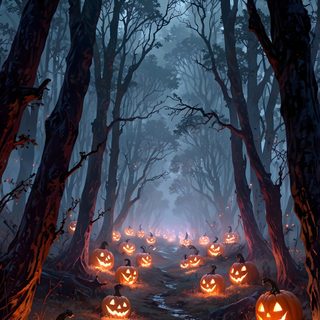 there are many pumpkins lit up in the woods Ios 26 Depth Effect Halloween Halloween Forest, Headless Horseman Iphone, Spooky Landscape, dark slate gray