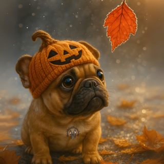 a small dog wearing a knitted pumpkin hat sitting on the ground next to an orange leaf Halloween French Bulldog Halloween Dogs, Dog Photoshoot Pet Photography, Cute Little Dogs, dark olive green