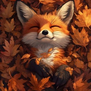 a painting of a sleeping fox surrounded by leaves Halloween Forest Animals saddle brown