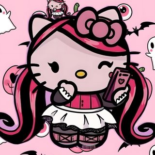 hello kitty halloween wallpaper with pumpkins and ghost's in the sky behind her Pink Hello Kitty Halloween Pink Hello Kitty Halloween Background, Pink Hello Kitty Halloween, Hello Kitty Spooky Background,