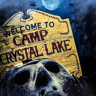 a sign that says welcome to camp crystal lake with a skull in the foreground Camp Crystal Lake Halloween Camp Crystal Lake, Crystal Lake, Camp Crystal Lake Drawing, dark slate gray