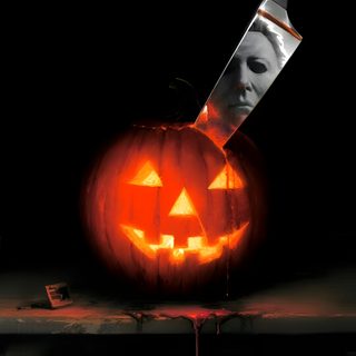 a knife sticking out of a pumpkin with the face of a child carved into it Halloween Resurrection Michael Myers Pumpkin, Myers Pumpkin, Mike Myers Halloween, black