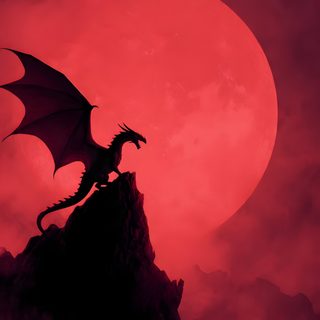 a dragon sitting on top of a mountain in front of a red sky with the moon behind it Dragon Halloween Red Dragon, Red And Black Dragon, Dragon Iphone Aesthetic, Cat Memes, Dark Red, brown