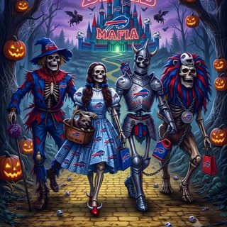 three skeletons dressed in costumes are walking through the woods with pumpkins and jack - o'- lanterns Buffalo Bills Halloween Halloween, dark slate gray