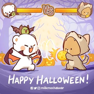 two cartoon animals playing with each other in front of a halloween scene and the words happy halloween written below Milk And Mocha Halloween Milk And Mocha Bear Halloween, Milk And Mocha Halloween Pfp, Milk And Mocha Matching Icons Halloween, thistle