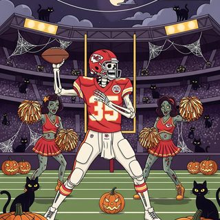 a football player is surrounded by pumpkins on the field Chiefs Halloween Locker Room Poster, Haunted Games, Gameday Party, Zombie Cheerleader, dark olive green