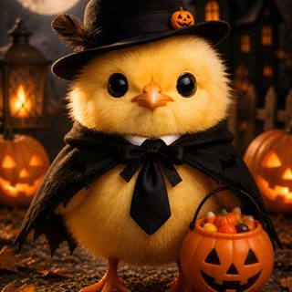 a yellow chicken wearing a top hat and black bow tie with pumpkins in the background Halloween Chicken black
