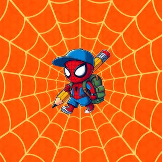 spiderman in the middle of a web with his back turned to look like he is holding Halloween Spiderman orange red