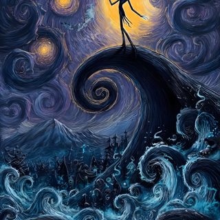 a painting of a man standing on top of a wave in the ocean at night Van Gogh Halloween Iphone Jack Skellington, Blue Man Coraline, Jack Skellington Aesthetic, dark slate gray