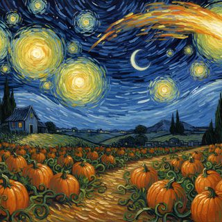 a painting of pumpkins in a field with the night sky and stars above them Van Gogh Starry Night Halloween Minimalist Halloween, Sugar Skull Design, Spooky Designs, dark slate gray