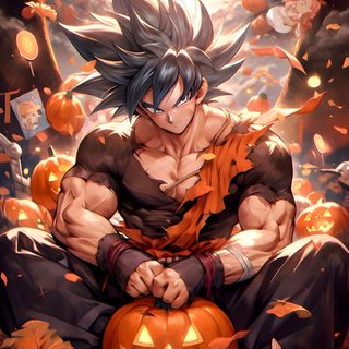 an anime character sitting on top of a pumpkin Halloween Goku Ghost Goku, Goku Pumpkin, Goku Black Halloween, Goku Vampire, Dragon Ball Halloween Pfp, sienna