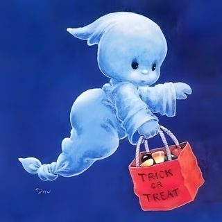 a painting of a baby elephant holding a trick or treat bag with the words trick or treat written on it Kewpie Halloween Cute Casper, Blue Halloween Characters, Nostalgic Halloween,
