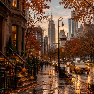 a city street filled with lots of traffic and trees covered in fall leaves during the day Halloween City New York Ipad, Fall Background Laptop, Fall City, Autumn Ipad, Ipad Fall, saddle brown