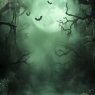 an image of a creepy forest with bats flying over the water and trees on either side Green Halloween Halloween Spooky Background, Halloween Background Dark Forest, Dark Spooky Background, dark slate gray