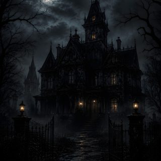 a creepy looking house in the middle of a dark forest at night with lights on Dark Gothic Halloween black