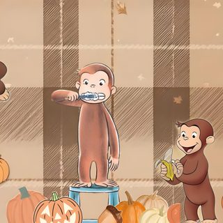 an image of monkeys and pumpkins on a plaid tablecloth with the words happy halloween Curious George Ipad Halloween Ipad, Curious George Widget Halloween, Curious George, rosy brown