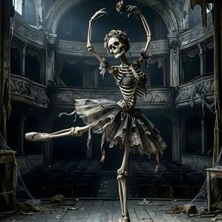 a skeleton ballerina is dancing in an old fashion theatre with her arms stretched out Halloween Ballerina Skeleton Playing Organ, Skeleton Dancing, Skeleton Ballerina, Dancing Skeleton, black