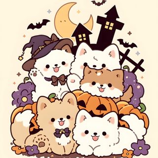 a group of cats that are sitting in front of a house with bats and pumpkins Cute Halloween Dog Cartoon cornsilk