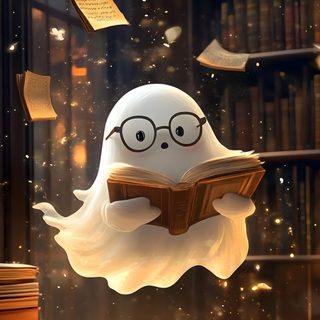 a ghost reading a book while flying through the air in front of bookshelves Halloween Reading Computer Desktop, Animated Cute Ghost 4k, Hd Iphone, Desktop, Geist, Cool, dark slate gray