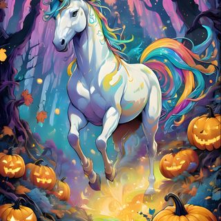 a painting of a unicorn running through the woods with pumpkins and trees in the background Halloween Unicorn Unicorn In Fire, Unicorn Running In Autumn Landscape, Unicorn Skeleton Background Hd, dim gray