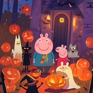 pepo and friends in front of a house with pumpkins on the ground at night Peppa Pig Halloween Computer, Mummy Pig, Mobile, Halloween Peppa Pig Pumpkin, 1, Peppa Pig, dark slate gray