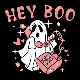 a cartoon ghost holding a pink bag with the words hey boo on it and stars in the background Cute Halloween Hey Boo Hey Boo, Girly Ghost Background, Spooky Hey Boo, Halloween Valentines, black