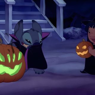 two children dressed up as witches holding pumpkins in front of a house at night Stitch Halloween Laptop Lilo And Stitch Opening Scene, Disney Characters Halloween Costumes, Lilo And Stitch Movie Scene, dark slate gray