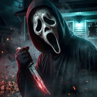 a person wearing a mask and holding a knife in front of a house at night Halloween Scary Ghostface Scary Movie, Dragon Ball Iphone, Pitbull Art, Scary Movie Characters, black