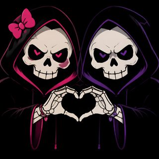 two skeletons holding hands in the shape of a heart with a pink bow on their head Matching Halloween Couple, Matching, Grim Reaper, Love, Diy Shirt, In The Flesh, black