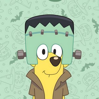 the cartoon character is wearing a hat and jacket with his eyes closed, while standing in front of a green background Bluey Halloween Iphone Bingo Halloween, Bluey Thanksgiving, Bluey Fall, Bluey And Bingo Fall, light gray