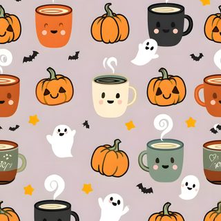 a pattern with coffee mugs and ghost faces Cute Halloween Coffee thistle