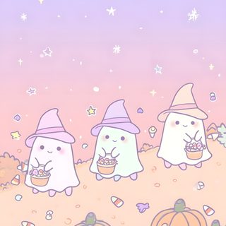three cute little bears standing in the middle of pumpkins with hats on their heads Pastel Pastel Aesthetic Halloween Aesthetic Kawaii Cute Halloween, Kawaii Halloween Background Aesthetic, Kawaii Aesthetic Cute Halloween Backgrounds, gainsboro