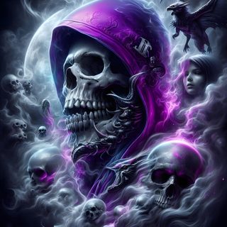 a skull wearing a purple hoodie surrounded by skulls and other demonic looking creatures in the background Halloween Skull Purple Custom Awesome Skull, Skull Artwork, Skull Pictures Dark, Skull Art, midnight blue