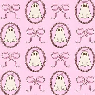 a pink and white pattern with ghost faces on it Creepy Cute Halloween misty rose
