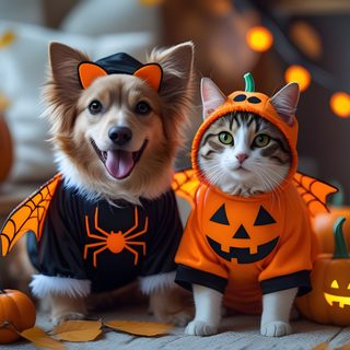 a dog and cat dressed up in halloween costumes with pumpkins around the dogs head Cute Dog And Cat Halloween Pet-friendly Halloween Celebration, Halloween Dog Hd, Halloween Themed Pet Photo, dark olive green