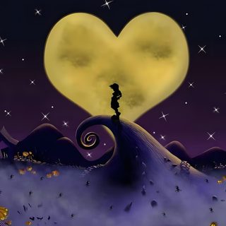 a person standing on top of a hill with a heart shaped moon in the background Halloween Town Sora Kingdom Hearts Tree, Kingdom Hearts Moon, Kh Background, dark slate gray