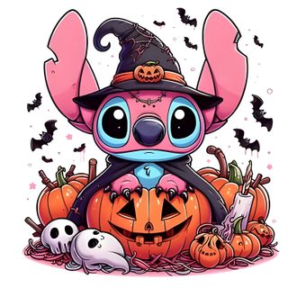 a cartoon character sitting on top of a pile of pumpkins with bats and skulls around it Kawaii Kawaii Cute Stitch Halloween Watercolor Splash Png, Halloween Backgrounds, Stitch Character, light pink