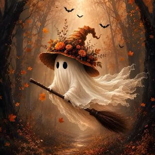 a painting of a white ghost with a broom Halloween Spirit Whimsical Witch Aesthetic, Cozy Ghost, Vintage Halloween, saddle brown