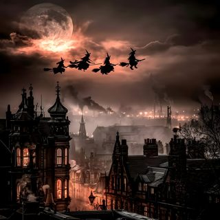 a group of people flying through the air over a city under a moon filled sky Witcher Halloween Dark Halloween Night, Salem Halloween Night, Gothic Halloween, black