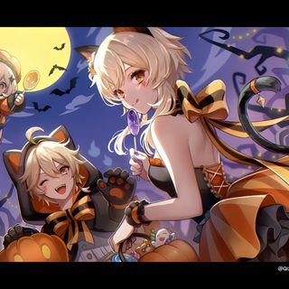 two women dressed in halloween costumes standing next to each other with pumpkins on the ground Genshin Impact Halloween Lumine And Yoimiya, Genshin Halloween, Genshin Impact Halloween, dim gray