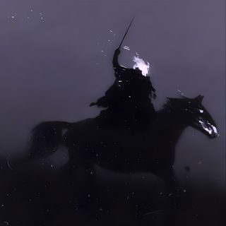 black and white photograph of a man on a horse in the foggy night sky Halloween Headless Horseman Animated Horse, Headless Horseman Black And White, Grim Background, dark slate gray