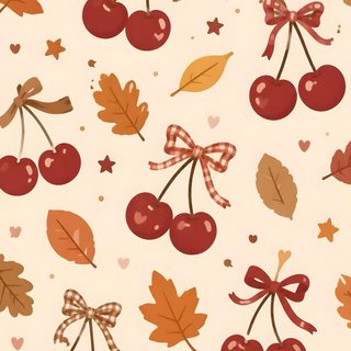 cherries and leaves on a white background with hearts, bows and stars in the center Halloween Cherry antique white