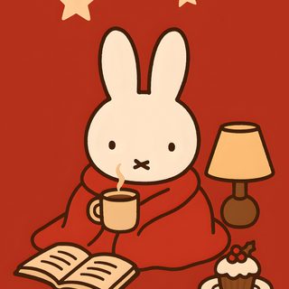 a rabbit is sitting at a table with a cup of coffee and an open book Miffy Halloween Miffy New Year, Miffy Autumn, Cute Miffy, Miffy Kindle, Miffy Christmas Card, firebrick