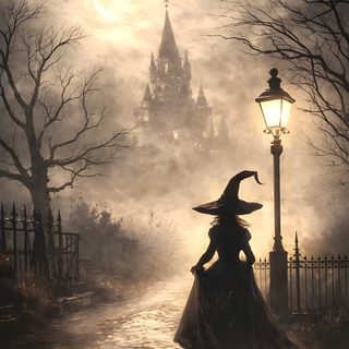a woman dressed as a witch walking down a street in front of a castle at night Gothic Halloween Witch gray