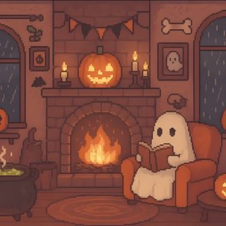 a living room decorated for halloween with pumpkins on the fireplace and ghost reading a book Preppy Halloween Desktop Fall Computer Backgrounds, Desktop Fall, Halloween Desktop, October, saddle brown