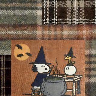 a patchwork pattern with snoopy and witch cooking in a pot on the table Aesthetic Halloween Snoopy dark olive green