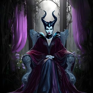 a woman sitting in a chair with horns on her head and purple dress around her neck Maleficent Halloween Unicorn Pictures, Disney Movie Villains, Gothic Disney Princesses, black