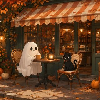 a painting of a ghost sitting at a table with a black cat Lofi Halloween Desktop saddle brown