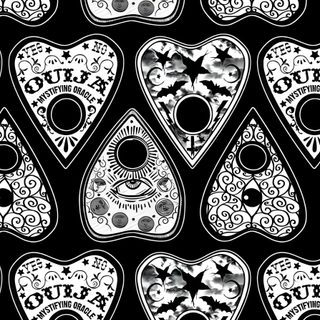a black and white pattern with skulls on it's sides, in the shape of hearts Halloween Planchette Ouija Board Pattern Background, Spirit Board Background, Ouji Board, dark slate gray